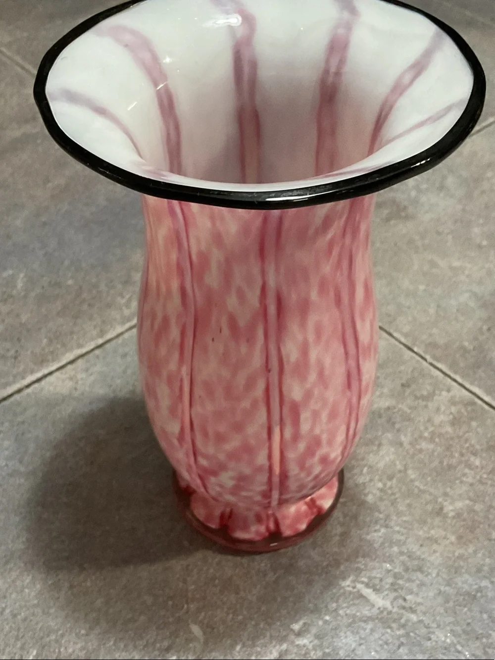 Hand-Blown Pink Art Glass Vase with Black Rim